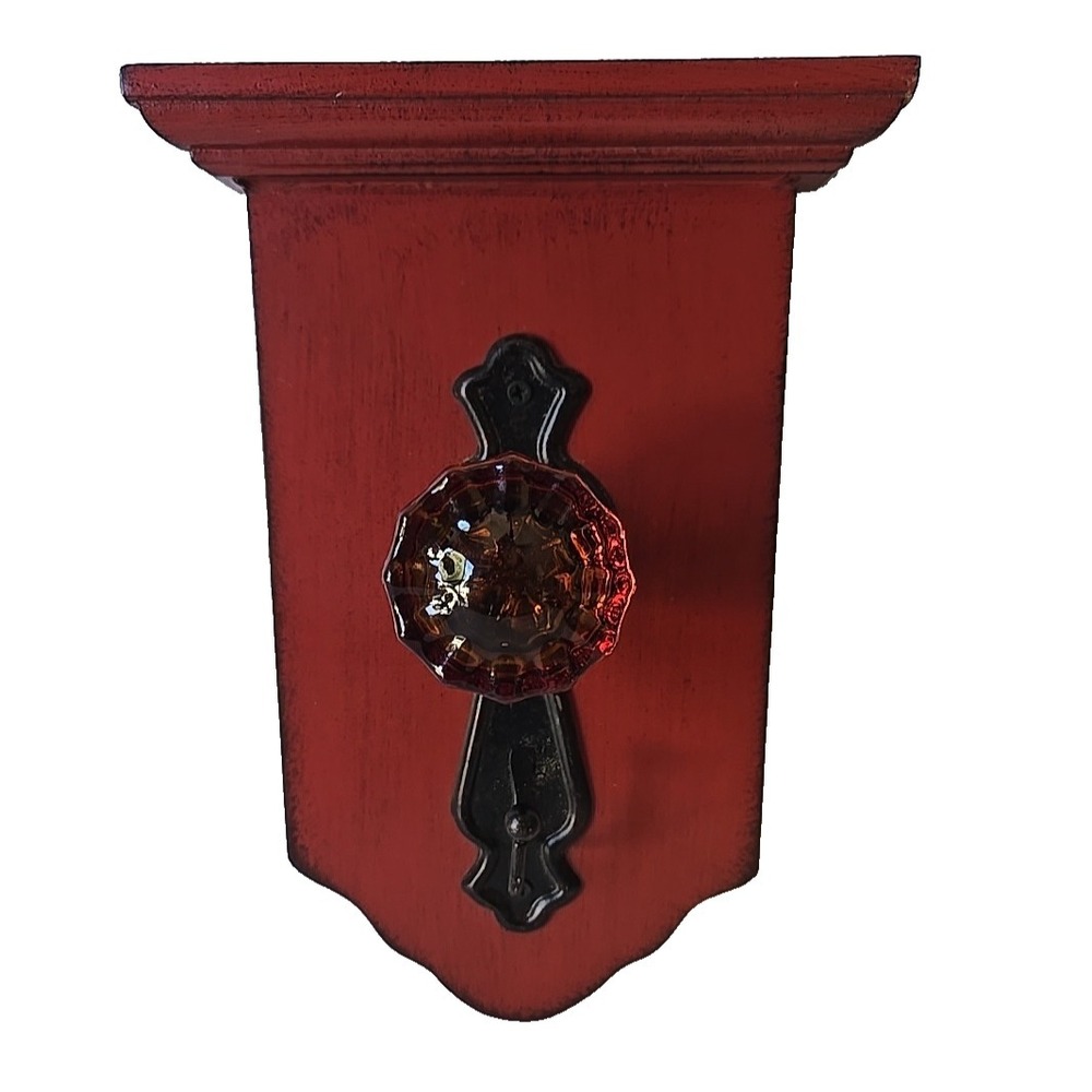 Vintage Wall Hook Rack Red Iron Door Knob Wood Coat Hat Hanger Rustic Farmhouse